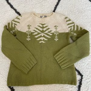 VTG J Crew 100% Wool Hand Knit Ivory Green Snowflake Heavy Sweater Sz Sm